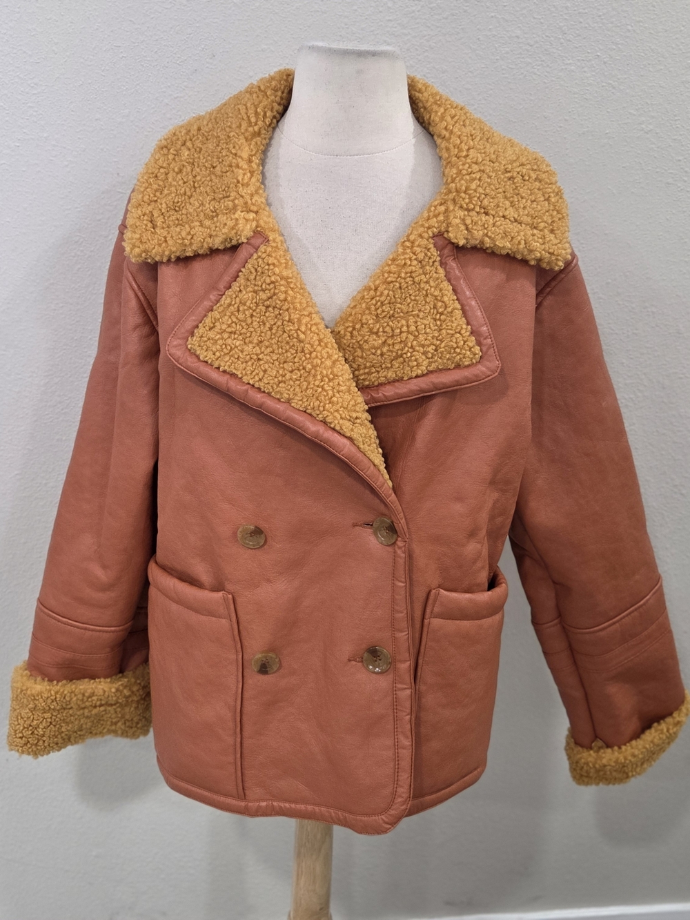 We The Free Rust-Orange Teddy Shearling Jacket with Mustard Trim